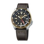 Mens Seiko 5 Sports SKX GMT Automatic Brown Leather Strap Watch, Black Dial Product Image