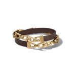 Classic Brown Leather & Gold Tuning Fork Double Wrap Bracelet - Large Product Image