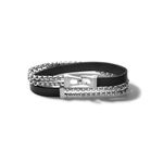Classic Black Leather & SS Box Link Chain Double Wrap Bracelet - Large Product Image