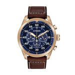 Mens Avion Chronograph Eco-Drive Gold & Brown Leather Strap Watch Blue Dial Product Image