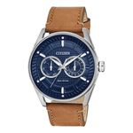 Mens Sport Casual Eco-Drive Silver & Brown Leather Strap Watch Blue Dial Product Image