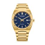 Mens Sport Luxury Eco-Drive Gold-Tone Stainless Steel Watch Blue Dial Product Image