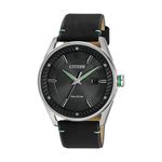 Mens Sport Casual Eco-Drive Silver & Black Leather Strap Watch Black Dial Product Image