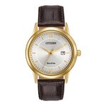 Mens Corso Eco-Drive Gold & Brown Leather Strap Watch Silver Dial Product Image