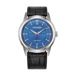 Unisex Rolan Eco-Drive Silver & Black Leather Strap Watch Blue Dial Product Image
