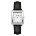 TFX Mens Silver & Black Leather Strap Rectangle Watch, White Dial Product Image