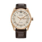 Mens Classic Eco-Drive Rose Gold & Brown Leather Strap Watch Ivory Dial Product Image