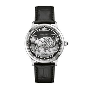 Mens Stetson Bison Automatic Silver & Black Leather Strap Watch Black Dial Product Image