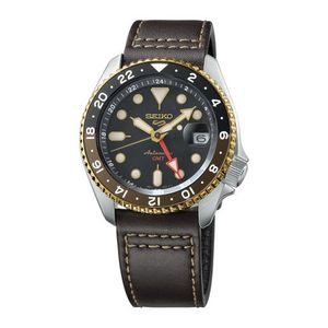 Mens Seiko 5 Sports SKX GMT Automatic Brown Leather Strap Watch, Black Dial Product Image