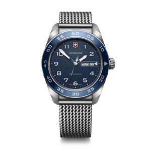 Mens Swiss Army Quartz Silver-Tone Stainless Stele Mesh Watch Blue Dial Product Image