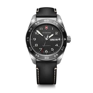 Mens Swiss Army Quartz Silver & Black Leather Strap Watch Black Dial Product Image