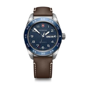Mens Swiss Army Quartz Silver & Brown Leather Strap Watch Blue Dial Product Image