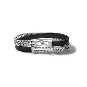 Classic Black Leather & SS Box Link Chain Double Wrap Bracelet - Large Product Image