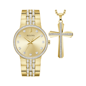 Bulova Men's Crystal Gold-Tone Watch and Necklace Box Set Product Image