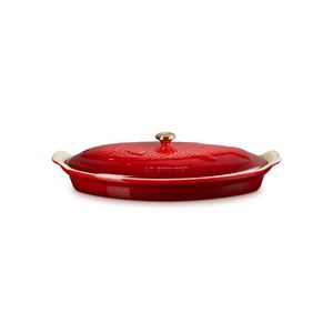 1.7qt Heritage Stoneware Fish Baker w/ Gold Knob Lid Cerise Product Image