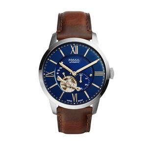 Mens Townsman Automatic Silver & Brown Leather Strap Watch Blue Dial Product Image
