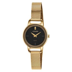 Ladies Quartz Gold-Tone Stainless Steel Mesh Watch Black Dial Product Image
