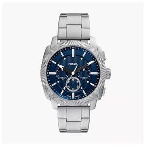 Mens Machine Chronograph Silver-Tone Stainless Steel Watch, Blue Dial Product Image