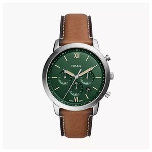 Mens Neutra Chronograph Silver & Brown Leather Strap Watch, Green Dial Product Image