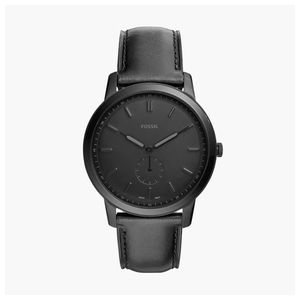 Mens Minimalist Black Leather Strap Watch, Black Dial Product Image