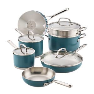 Color-Finished 11pc Stainless Steel 3-Ply Cookware Set Agave Blue Product Image