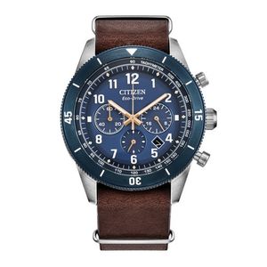 Mens Terra Force Chronograph Eco-Drive Brown Leather Strap Watch Blue Dial Product Image