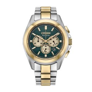 Mens Sport Luxury Chronograph Eco-Drive Two-Tone SS Watch Green Dial Product Image