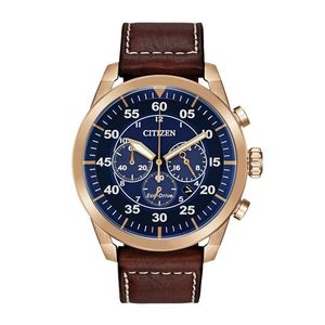 Mens Avion Chronograph Eco-Drive Gold & Brown Leather Strap Watch Blue Dial Product Image