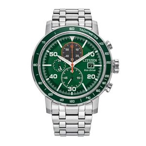 Mens Brycen Chronograph Eco-Drive Silver-Tone Stainless Steel Watch Green Dial Product Image