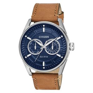 Mens Sport Casual Eco-Drive Silver & Brown Leather Strap Watch Blue Dial Product Image