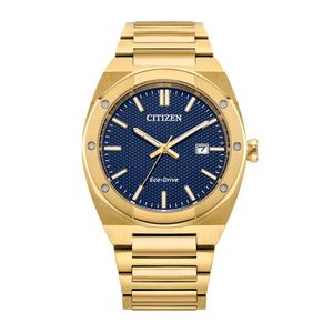 Mens Sport Luxury Eco-Drive Gold-Tone Stainless Steel Watch Blue Dial Product Image