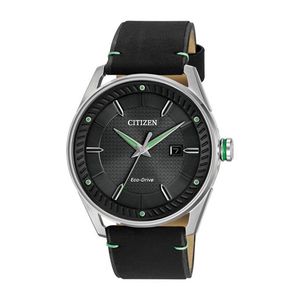 Mens Sport Casual Eco-Drive Silver & Black Leather Strap Watch Black Dial Product Image
