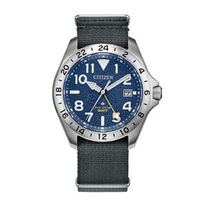 Mens Promaster Land GMT Eco-Drive Silver & Gray Nylon Strap Watch Blue Dial Product Image