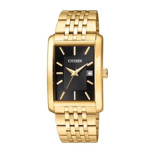 Mens Quartz Gold-Tone Stainless Steel Rectangle Watch Black Dial Product Image