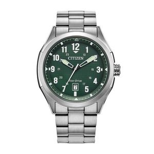 Mens Terra Force Eco-Drive Silver-Tone Stainless Steel Watch Green Dial Product Image