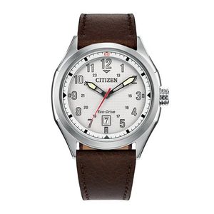 Mens Terra Force Eco-Drive Silver & Brown Leather Strap Silver Dial Product Image