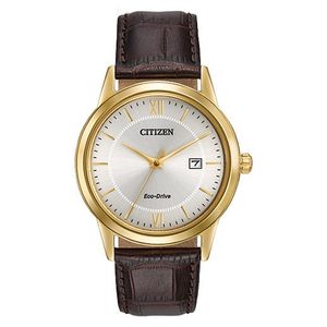 Mens Corso Eco-Drive Gold & Brown Leather Strap Watch Silver Dial Product Image