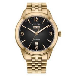 Mens Rolan Eco-Drive Gold-Tone Stainless Steel Watch Black Dial Product Image