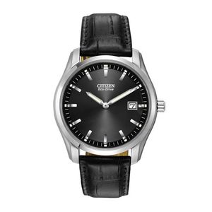 Mens Classic Corso Eco-Drive Silver & Black Leather Strap Watch Black Dial Product Image