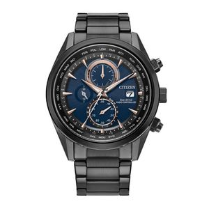 Mens Sport Luxury Atomic Timekeeping Black IP Stainless Steel Watch Blue Dial Product Image
