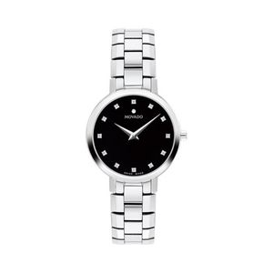 Ladies Faceto Silver-Tone Stainless Steel Watch w/ Diamond Markers Black Dial Product Image