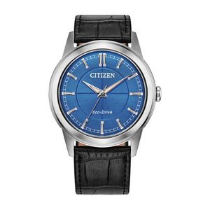 Unisex Rolan Eco-Drive Silver & Black Leather Strap Watch Blue Dial Product Image
