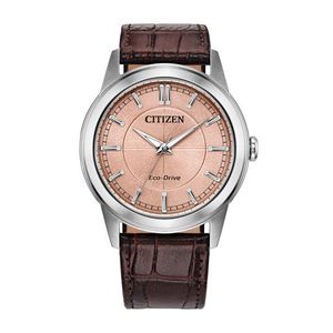 Mens Rolan Eco-Drive Silver & Brown Leather Strap Watch Salmon Dial Product Image
