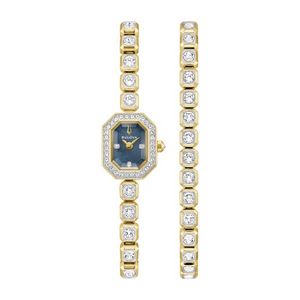 Ladies Crystal Box Set Gold-Tone Stainless Steel Watch w/ Bracelet Black MOP Dial Product Image