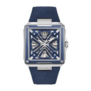 Mens Series X Automatic Square Silver & Blue Suede Strap Watch Blue Open Dial Product Image