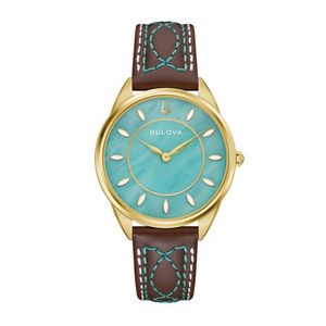 Ladies Western Sutton Gold & Brown Leather Strap Watch Turquoise MOP Dial Product Image
