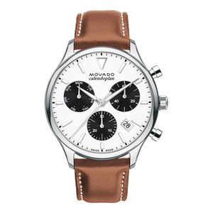 Mens Heritage Calendoplan Chronograph Cognac Leather Strap Watch White Product Image