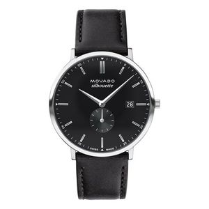 Unisex Heritage Silhouette Silver & Black Leather Strap Watch Black Dial Product Image