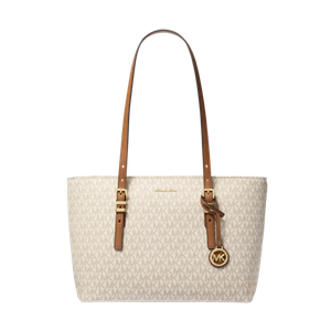 Michael Kors Quinn Medium Signature Logo and Leather Tote Bag Vanilla/Acorn Product Image