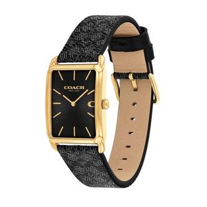 Unisex Elliot Gold & Black Coach Canvas Strap Rectangle Watch Black Dial Product Image